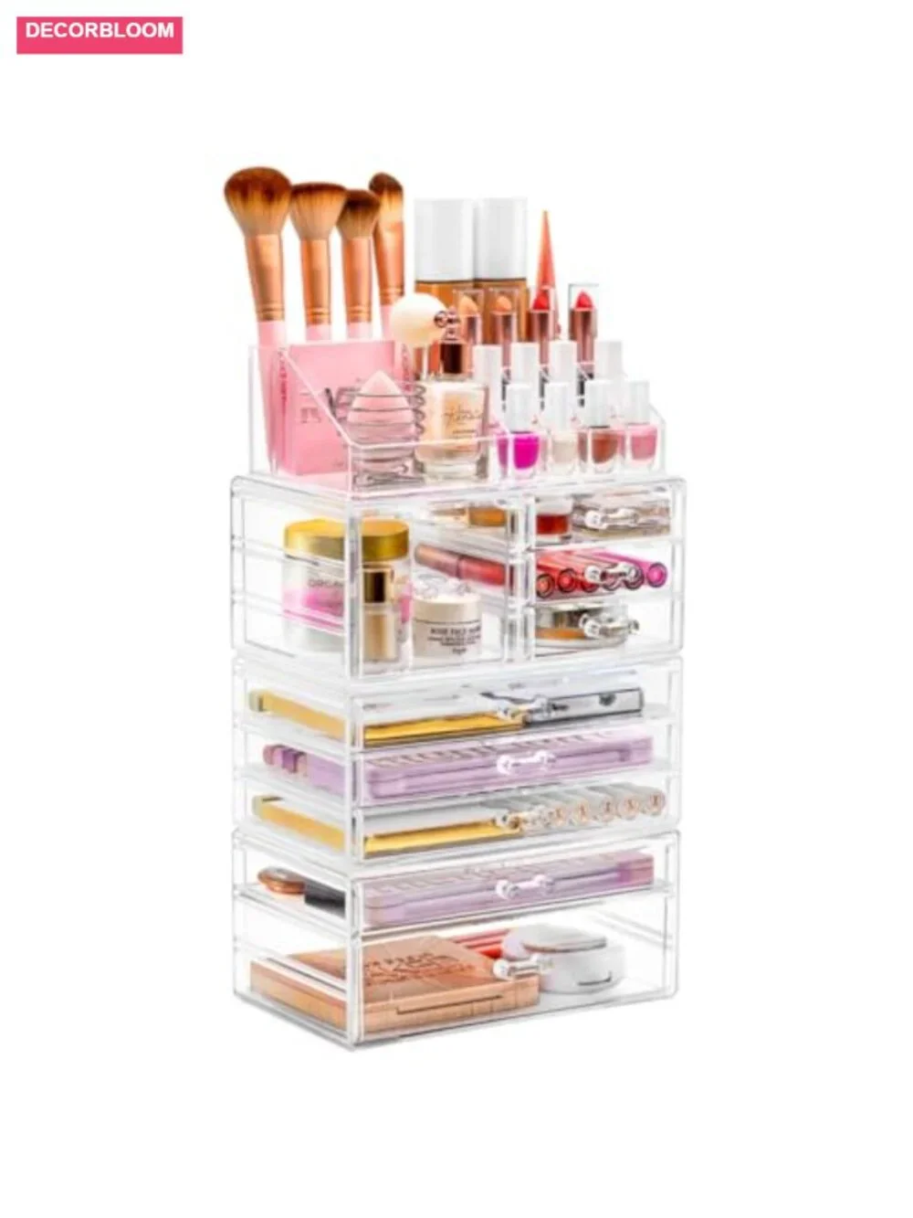 Large Clear Acrylic Makeup Organizer - Detachable 4-Piece Cosmetic Storage Set